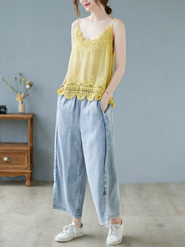 Original Solid Sleeveless Lace&Hollow V-Neck Vest