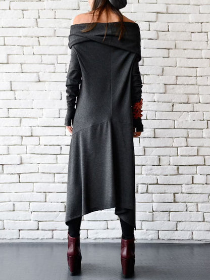 Casual Irregular Clipping Solid Color High-Low Off-The-Shoulder Long Sleeves Midi Dress
