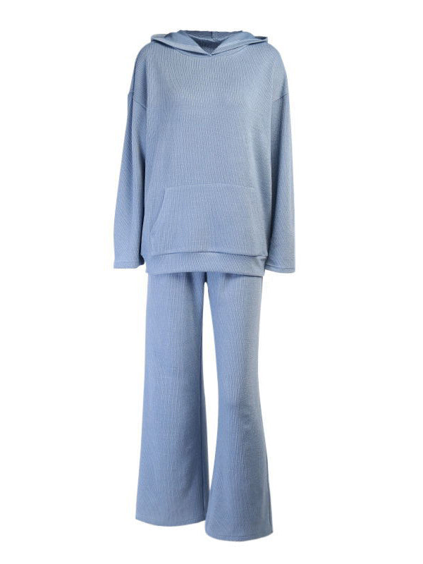 Simple Casual Solid Color Knitted Hoodies+Knitted Elasticity Wide Leg Pants 2 Pieces Set