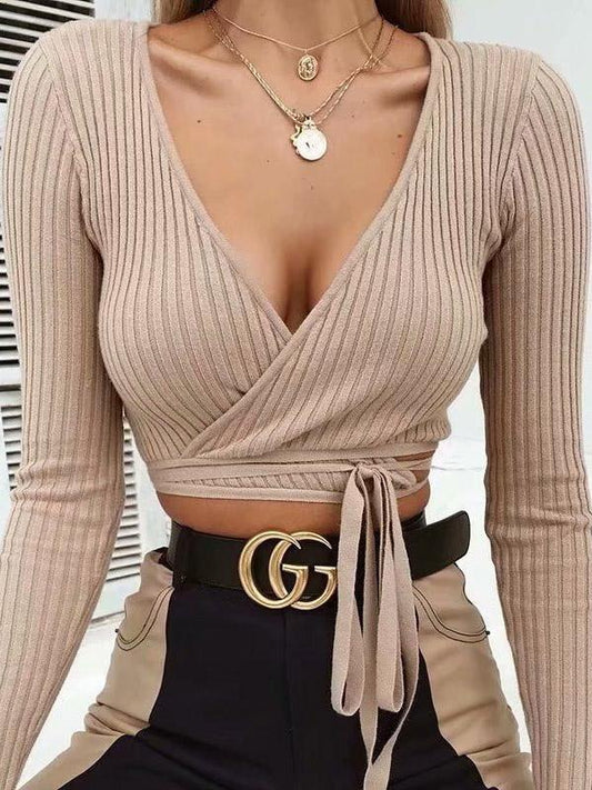 Solid Wrap V-Neck Sweater Tops