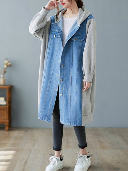 Casual Cotton Denim Split-Joint Hooded Outerwear
