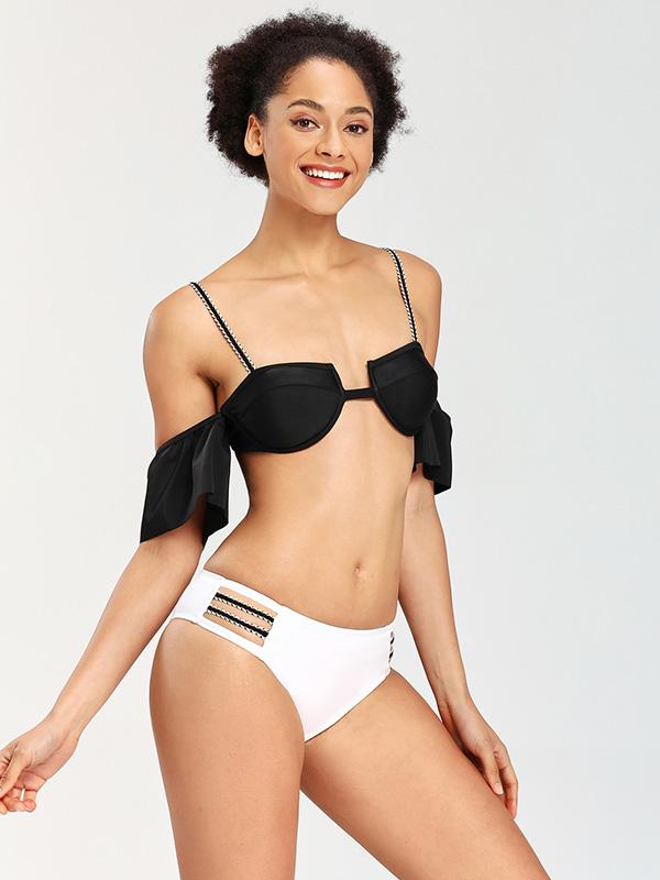 Falbala Sleeves Strapless Split Bikini Swimsuit