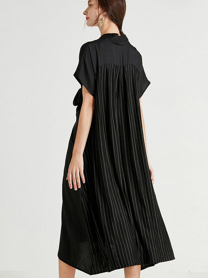 Casual Loose Solid Color Pleated Tied V-Neck Short Sleeves Midi Dress