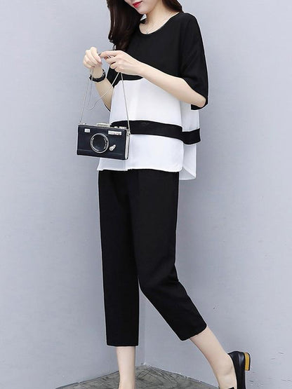 Chiffon Office Loose Elastic Waist White Black Suit