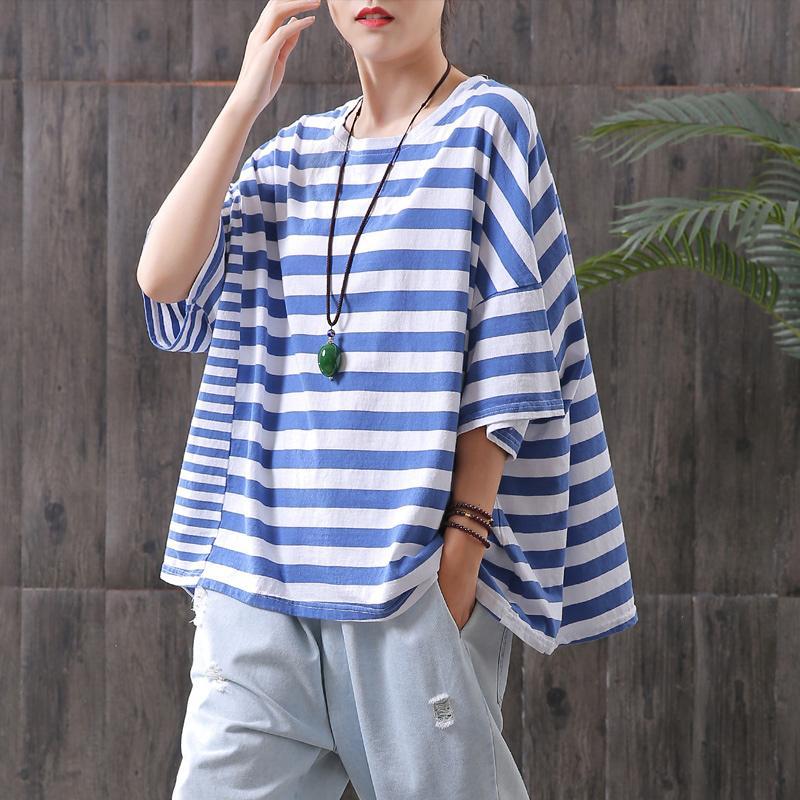 Cotton Striped Round Neck Casual Blouse