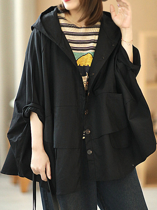 Urban Buttoned Solid Color Hooded Batwing Sleeve Loose Outerwear