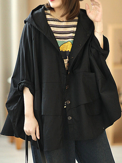 Urban Buttoned Solid Color Hooded Batwing Sleeve Loose Outerwear
