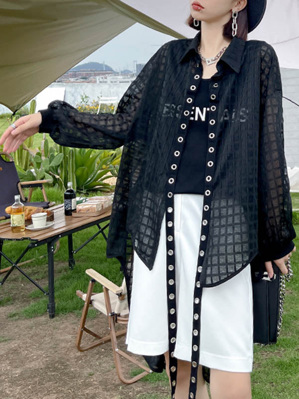 Stylish See-Through Buttoned High-Low Lapel Outerwear