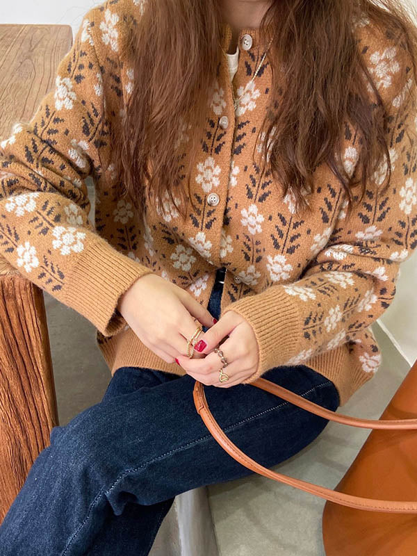 Original Buttoned Round-Neck Long Sleeves Cardigans