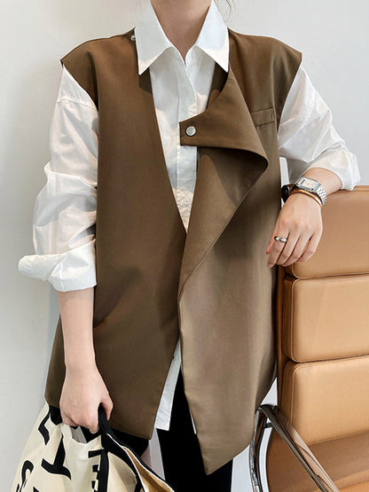 Simple Chic Solid Color Split-Joint With Pocket Round-Neck Sleeveless Vest Outwear
