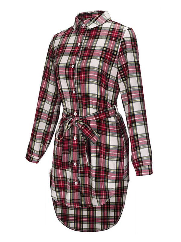 Polo Collar Checkered Belt Buckle Midi Shirt