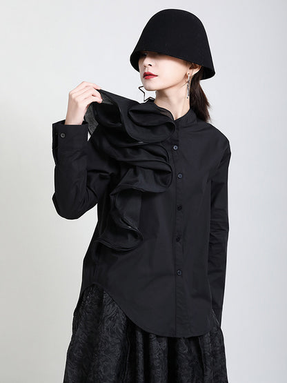 Stylish Falbala Split-Joint Solid Color Buttoned Stand Collar Long Sleeves Blouse