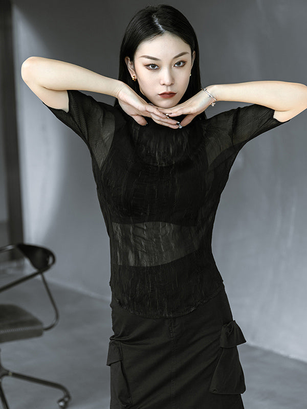 Original Solid Color High-Neck Long Sleeve See-Through T-Shirts Tops