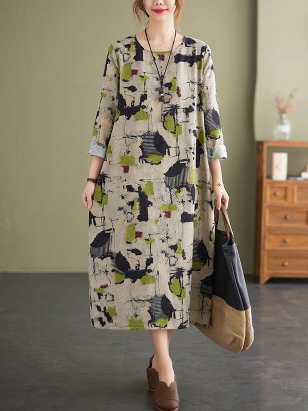 Artistic Retro Ramie Cotton Printed Round-Neck Long Sleeves Loose Midi Dress