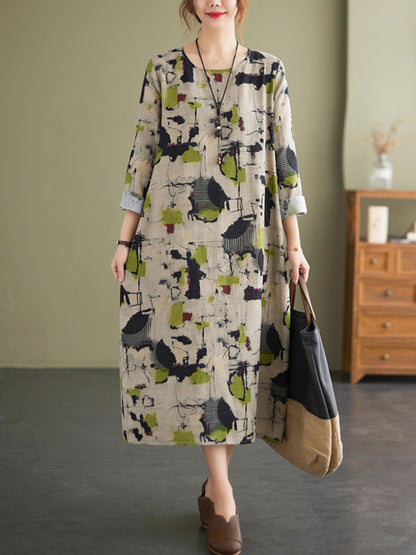 Artistic Retro Ramie Cotton Printed Round-Neck Long Sleeves Loose Midi Dress