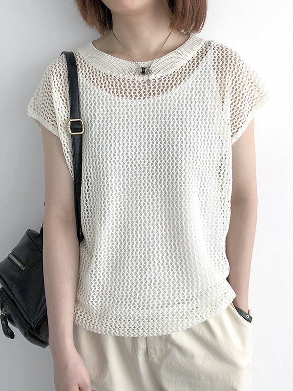 Simple Loose Solid Color Linen Hollow T-Shirt Top