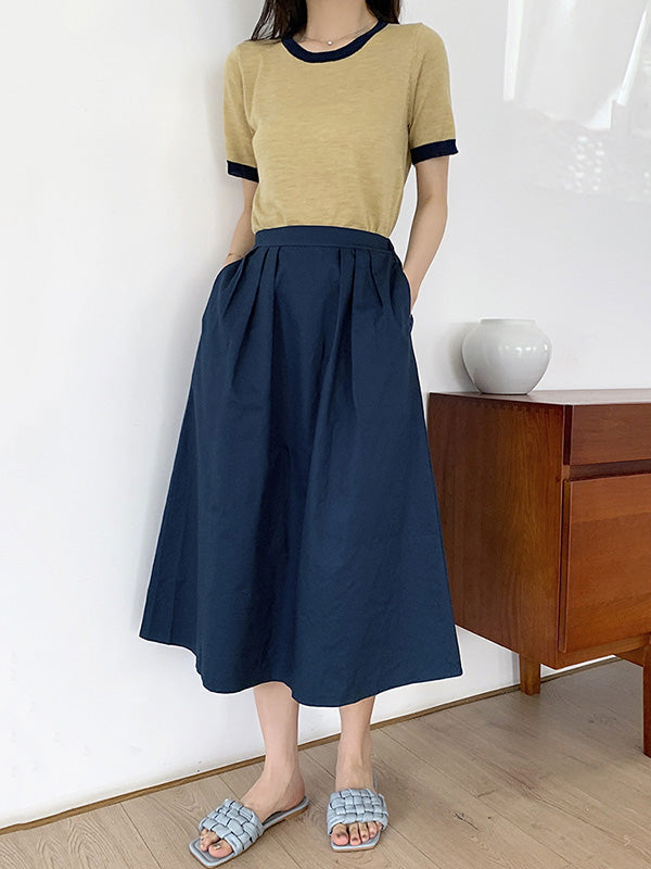 Casual Knitting Round-Neck Contrast Color T-Shirts Tops