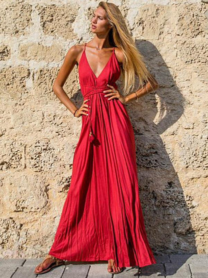 Red Backless Halter-neck Maxi Dress