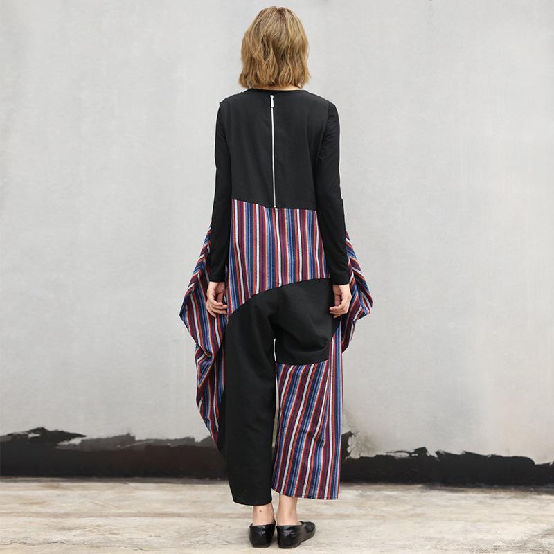Baggy Women Jumpsuit Patchwork Autumn Stripe Bottom