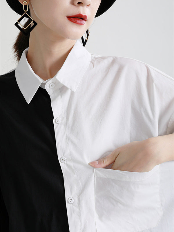 Original Contrast Color Split-Joint With Pocket Buttoned Lapel Color Long Sleeves Blouse