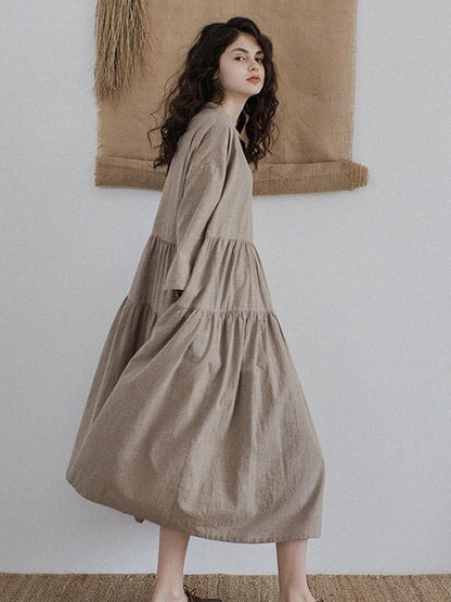 Vintage Split-joint Ruffled Lapel Long Linen Dress