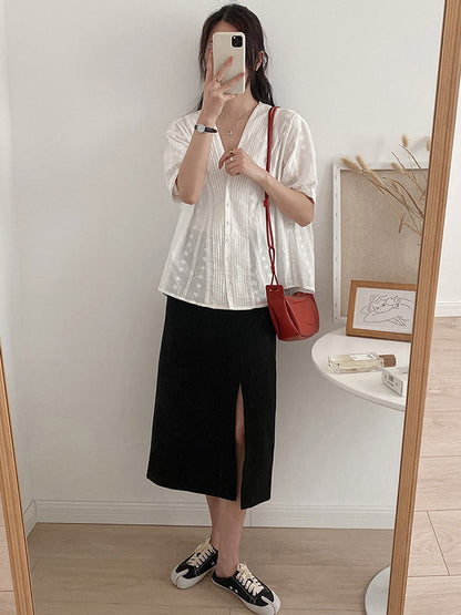 Simple Solid Color Buttoned V-Neck Short Sleeves Blouse