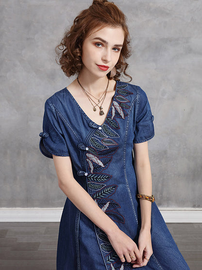 Original Asymmetric Embroidered Loose Short Sleeves Midi Dress