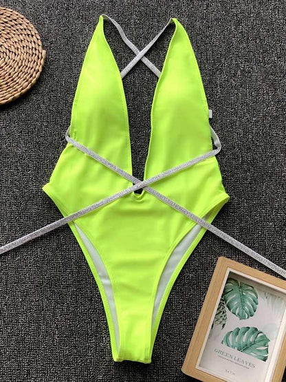 Plain Lace Up Backless One Piece Swimsuit