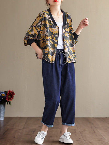 Casual Zipper V-Neck Camouflage Printed Long Sleeves Outerwear