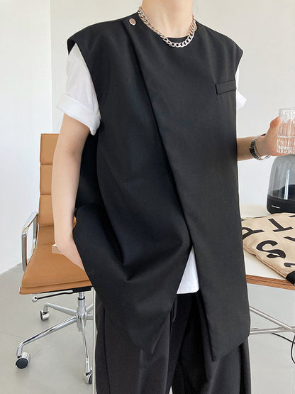 Simple Chic Solid Color Split-Joint With Pocket Round-Neck Sleeveless Vest Outwear
