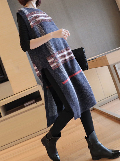 Artistic Retro Striped Split-Side Round-Neck Sleeveless Knitted Vest