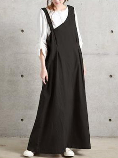Casual Ramie Cotton Solid Color Belted V-Neck Sleeveless High-Waist One-Shoulder Strap Dress