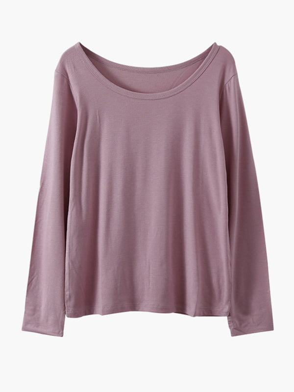 Casual Solid Color Long Sleeves Round-Neck T-Shirt Tops