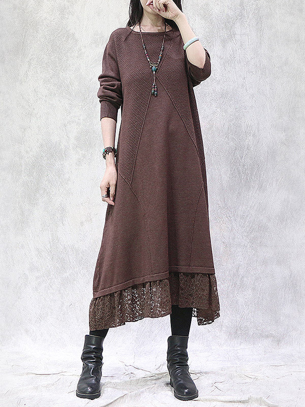 Artistic Retro Solid Color Split-Joint Embroidered Hollow Lace Round-Neck Long Sleeves Knitted Sweater Dress