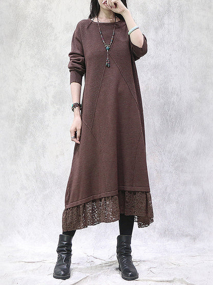 Artistic Retro Solid Color Split-Joint Embroidered Hollow Lace Round-Neck Long Sleeves Knitted Sweater Dress