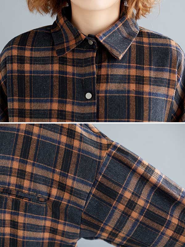 Artistic Retro Plaid Buttoned Lapel Collar Long Sleeves Blouse