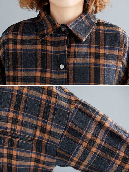 Artistic Retro Plaid Buttoned Lapel Collar Long Sleeves Blouse