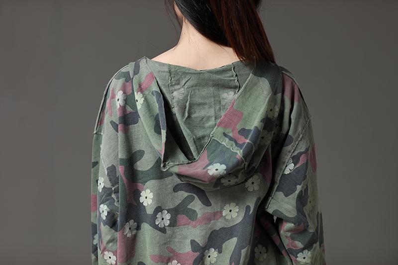Camouflage Casual Irregular Hem Women Hooded Collar Shirt