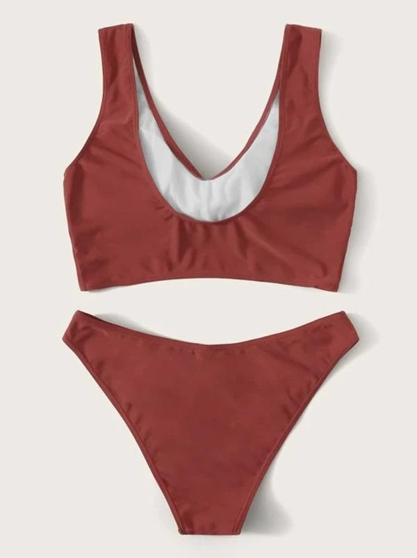 Solid Color Knotted Split Bikini Swimsuit