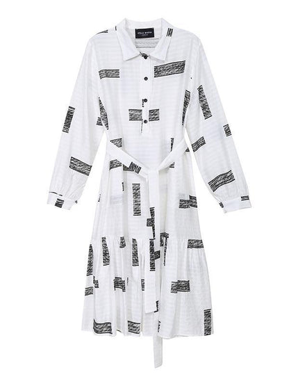 Lapel Collar Long Sleeve Loose Style Printed Belted Dress