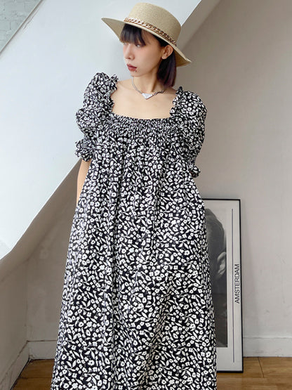 Fashion Floral Printed Square-Neck Puff Sleeves A-Line Midi Dress