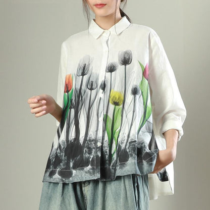 Buykud Elegant Ink Flower Casual Single-breasted Shirt