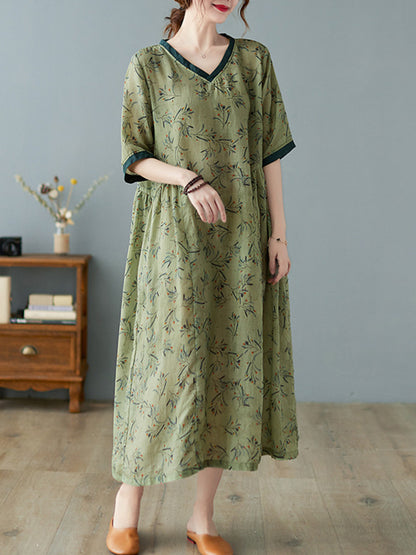 Artistic Retro Contrast Color Floral Printed Midi Dress