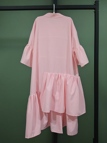 Urban Asymmetric Solid Color Ruffled Buttoned Stand Collar Flared Sleeve Mini Dress