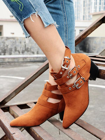 Vintage Hollow Buckle Pointed Booties