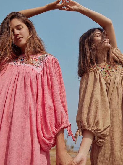 Vacation Embroidered Long Sleeves Midi Dress