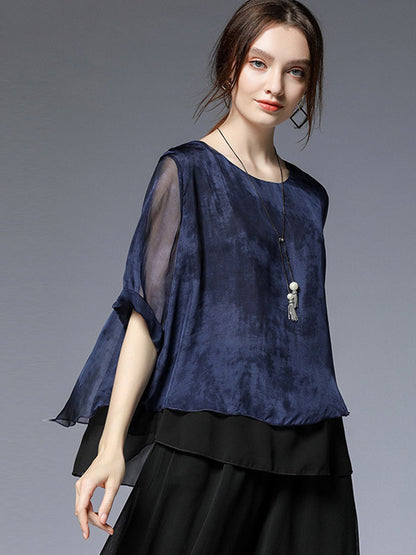 Artistic Retro Mulberry Silk Loose Printed Round-Neck Half Sleeves T-Shirt Tops