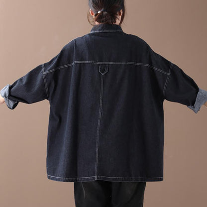 Buykud High Low Hem Frayed Pure Color Loose Denim Coat