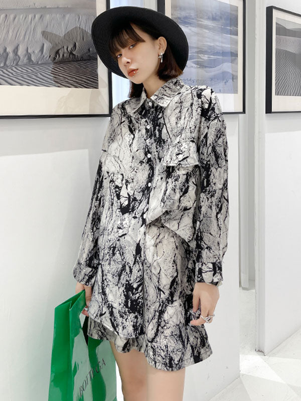 Fashion Ink-Printing Lapel Long Sleeves Blouse+ Elastics Wide Leg Shorts Suit