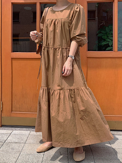 Casual Solid Color Pleated Drawstring Round-Neck Long Sleeves Midi Dress